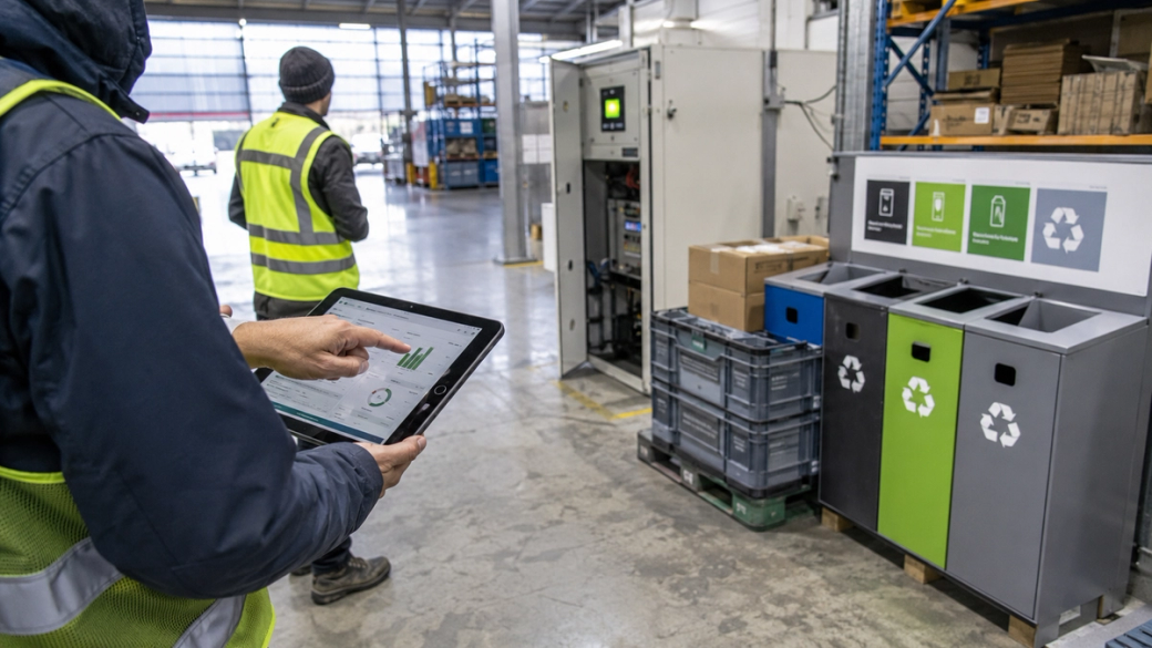 A warehouse scene featuring two individuals in safety vests. One person is using a tablet to review data, while they stand near recycling bins and equipment for waste management.