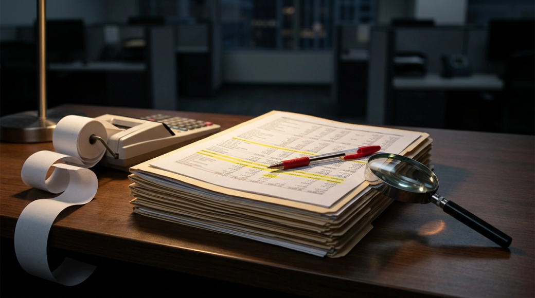 The image depicts a cluttered office desk featuring a stack of documents with financial data, a red pen, a magnifying glass, and a calculator. A roll of paper sits next to the stack, suggesting a focus on meticulous record-keeping or analysis.