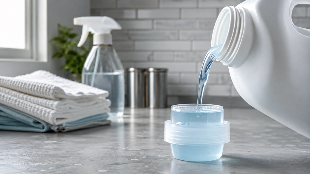 The image shows a person pouring a blue liquid from a white container into a small transparent dish. In the background, there are cleaning supplies including a spray bottle and neatly folded towels on a countertop.