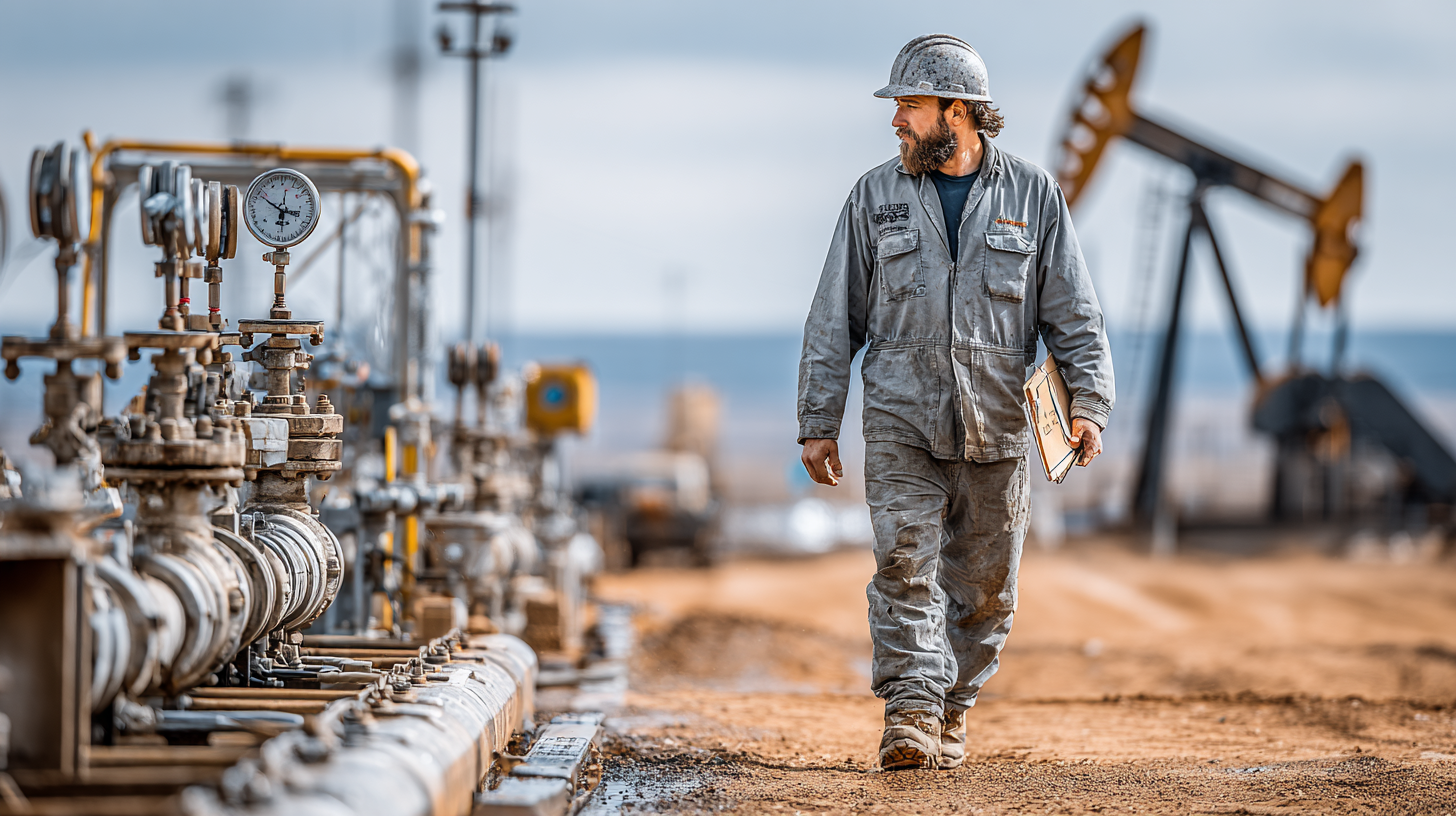 A worker in a gray coverall walks along a path of industrial equipment on an oil field. Oil pumps are visible in the background, highlighting the setting's focus on oil extraction and energy production.