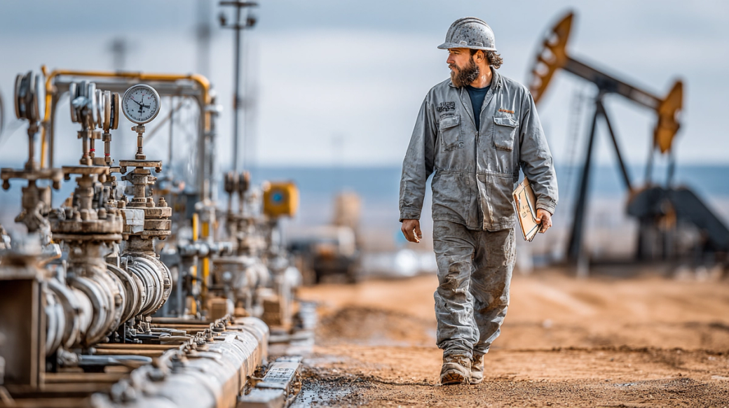 A worker in a gray coverall walks along a path of industrial equipment on an oil field. Oil pumps are visible in the background, highlighting the setting's focus on oil extraction and energy production.