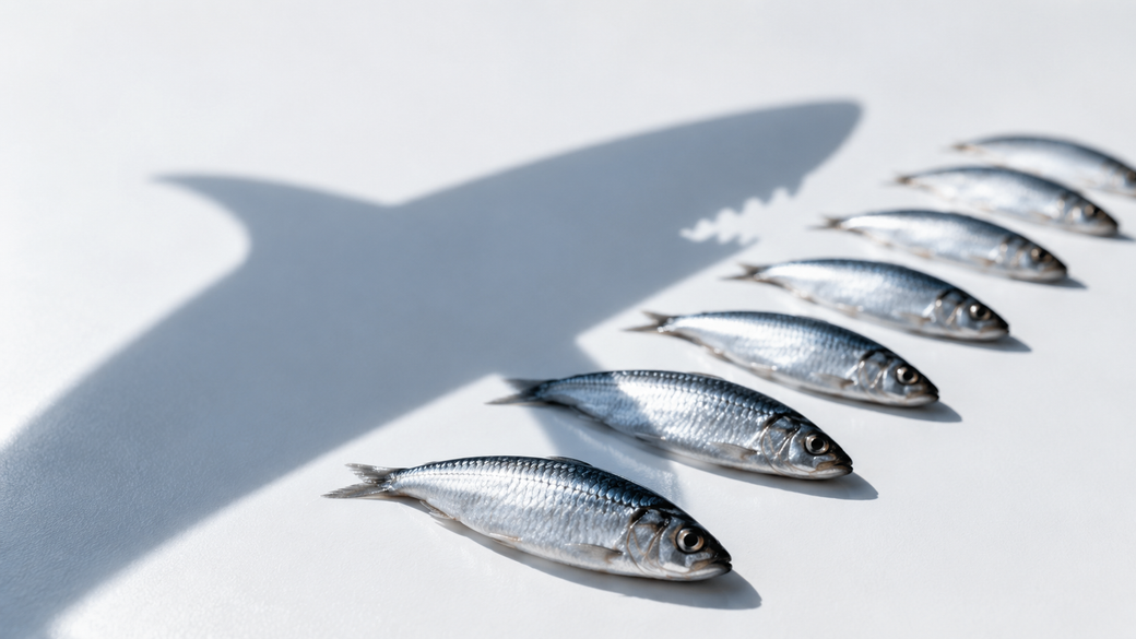 The image features a series of small fish arranged in a straight line, with a shadow of a shark cast over them. The contrast between the fish and the shark's shadow creates a dramatic visual metaphor of predation.
