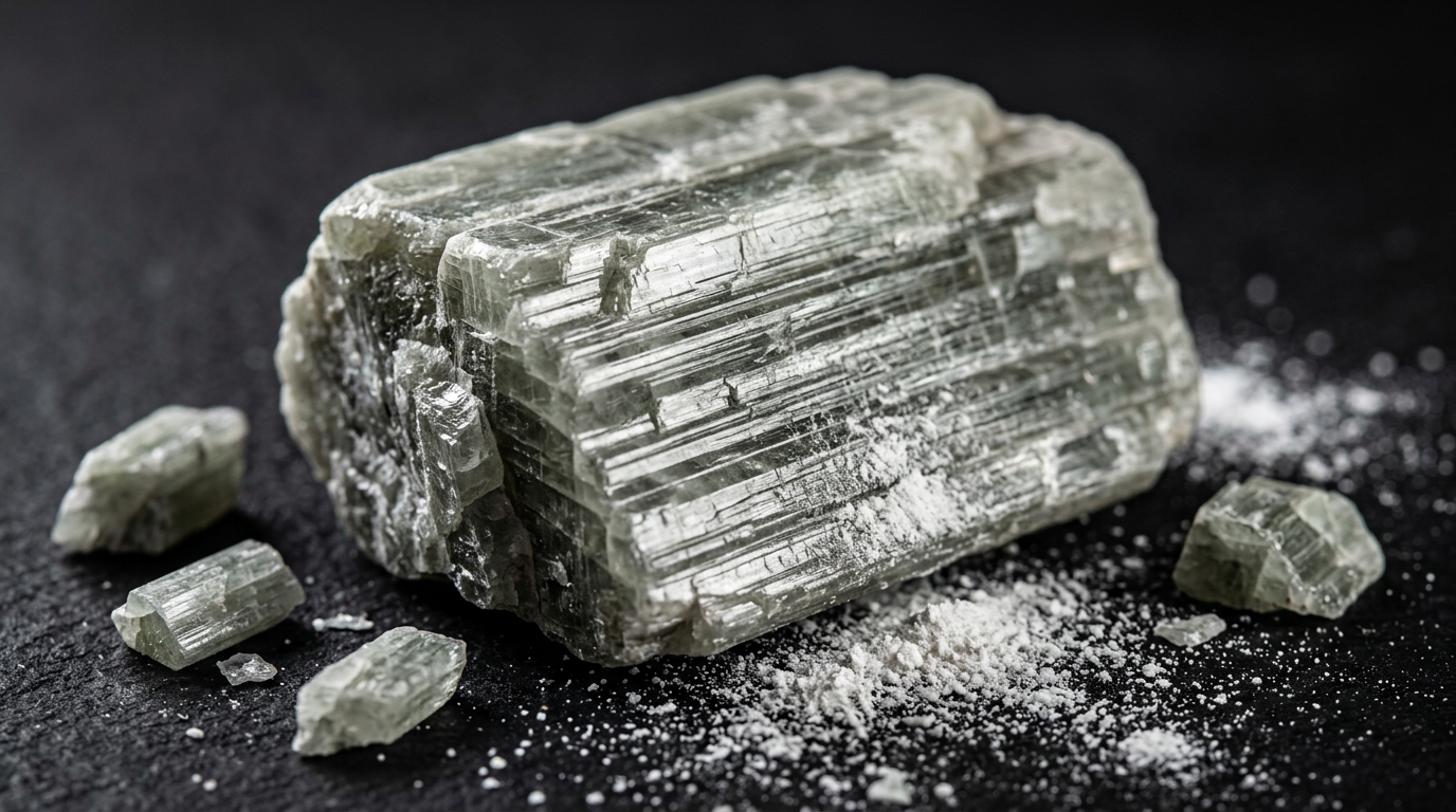 The image captures a chunk of raw spodumene ore, displaying its pale grey-green color and glossy surface finish. The crystal structure is evident, featuring long prismatic striations that reflect light and depth, with smaller fragments and a fine dusting of lithium carbonate scattered on a matte black surface.