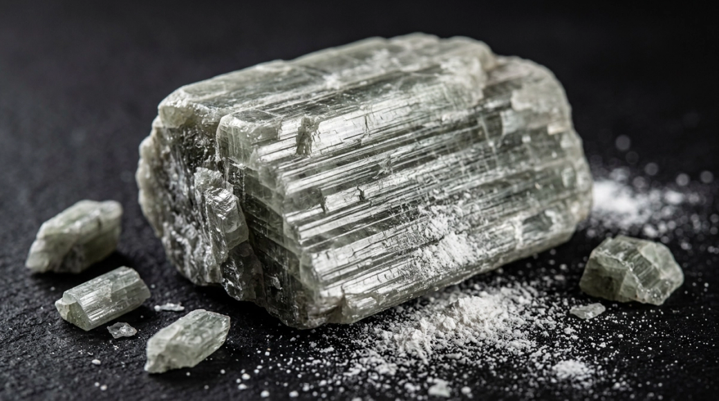The image captures a chunk of raw spodumene ore, displaying its pale grey-green color and glossy surface finish. The crystal structure is evident, featuring long prismatic striations that reflect light and depth, with smaller fragments and a fine dusting of lithium carbonate scattered on a matte black surface.