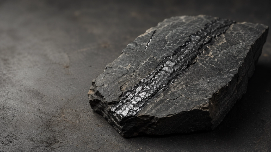 The image features a piece of dark rock, likely graphite, with a distinct metallic vein running through it, resting on a textured surface. The contrast between the rough stone and the shiny mineral creates a striking visual.