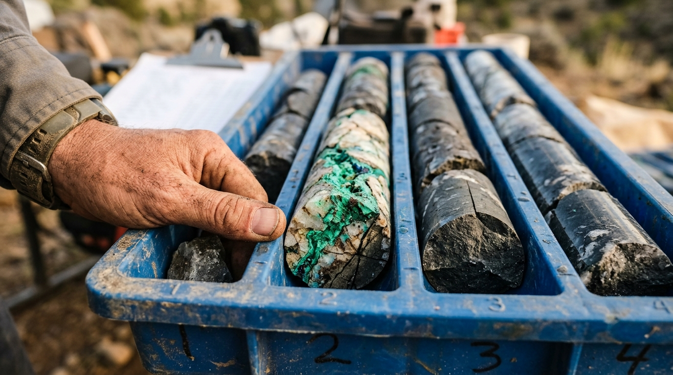A hand is holding a core sample from a geological drill, set in a tray filled with various rock samples. The focus is on the distinct green and white mineralization of one of the core samples, indicating potential mineral discovery.