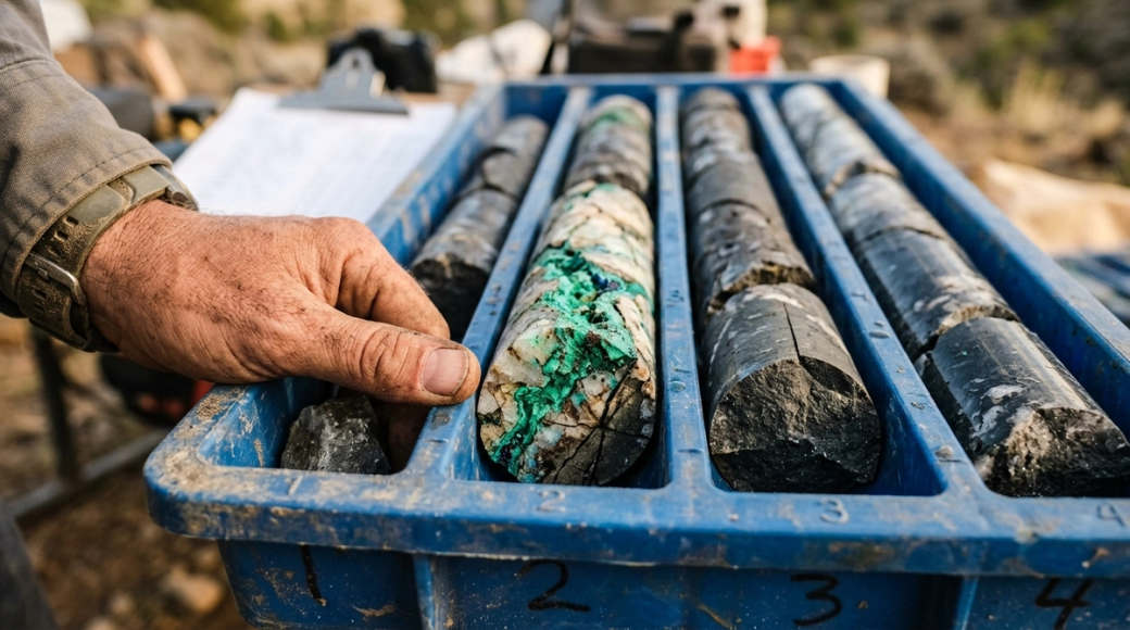 A hand is holding a core sample from a geological drill, set in a tray filled with various rock samples. The focus is on the distinct green and white mineralization of one of the core samples, indicating potential mineral discovery.