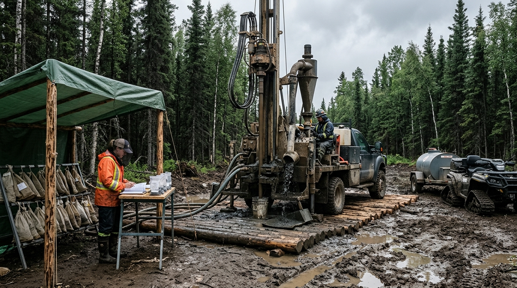 The image depicts a compact truck-mounted RC rig positioned on timber planks in a clearing surrounded by dense boreal forest in northern Canada. A geologist, clad in rain gear, is seen examining sample bags on a table beneath a tarp shelter, while muddy ground and wet cuttings indicate ongoing geological exploration activity.