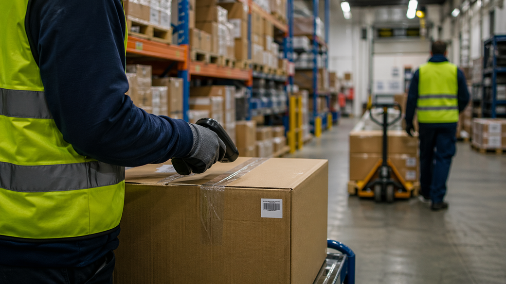 The image depicts a warehouse environment where a worker wearing a high-visibility vest is preparing to scan a package. In the background, another worker is transporting a cart loaded with boxes, highlighting typical activities in a logistics or distribution center.
