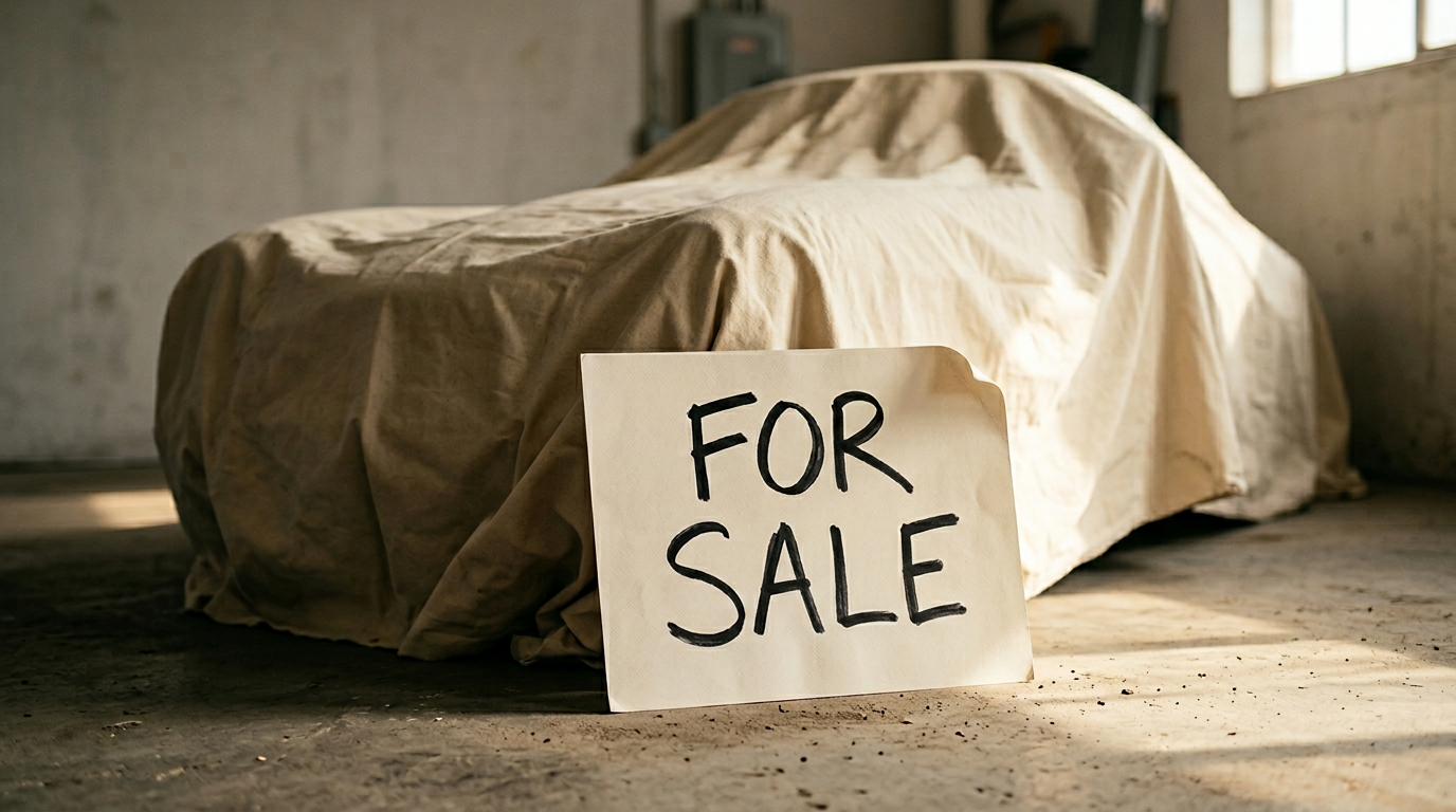 The image features a handwritten 'FOR SALE' sign prominently displayed in the foreground, propped against a covered object obscured by a cream canvas dust sheet. The setting is warmly lit, casting long shadows on the concrete floor, while the shape beneath the sheet remains ambiguous, suggesting an unknown vehicle or machinery waiting for a potential buyer.