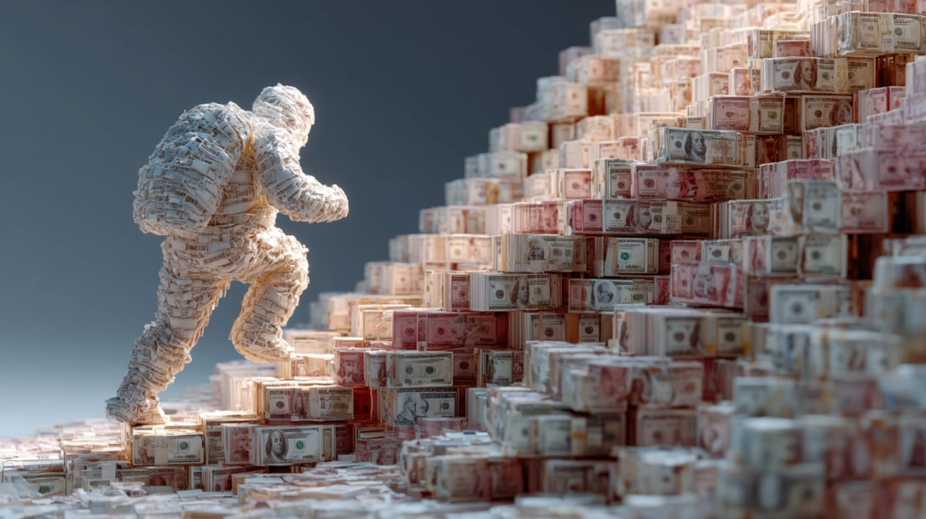 A figure made of banknotes is climbing a steep pile of money, symbolizing wealth and ambition. The background features a soft gradient, enhancing the focus on the monetary theme.