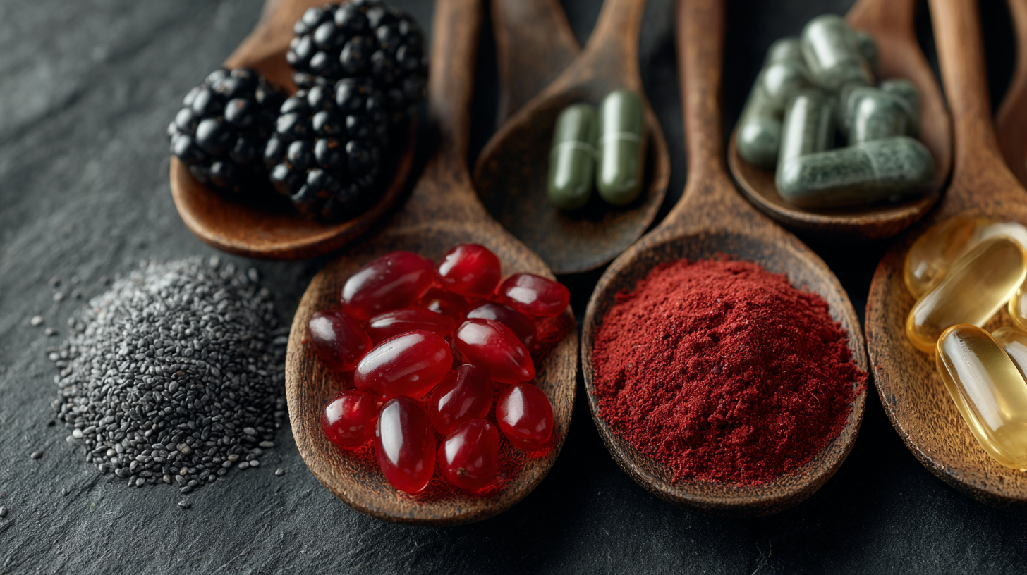 This image features a variety of health supplements and powders displayed on wooden spoons against a dark slate background. Visible items include blackberries, gelatin capsules, herbal supplements, and powdered supplements.