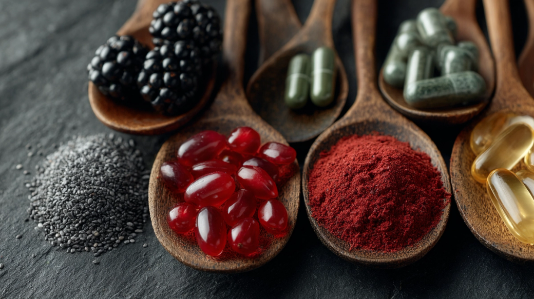 This image features a variety of health supplements and powders displayed on wooden spoons against a dark slate background. Visible items include blackberries, gelatin capsules, herbal supplements, and powdered supplements.