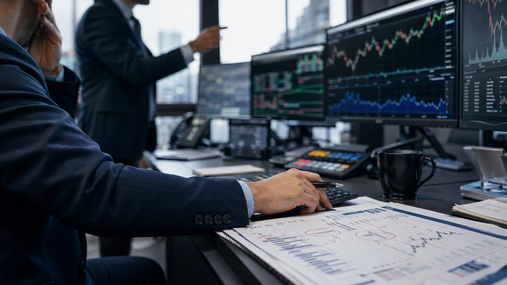 The image depicts a stock exchange trading floor with a focus on a trader analyzing market charts on multiple screens. The atmosphere suggests a busy financial environment with colleagues engaged in discussion in the background.