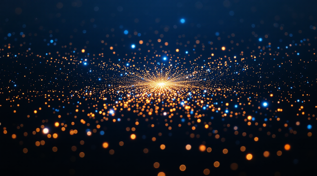 The image depicts a cosmic scene filled with an abundance of twinkling particles in various shades of blue and orange, radiating from a central point. This visually stunning depiction evokes a sense of depth and wonder, reminiscent of deep space or a starry galaxy.