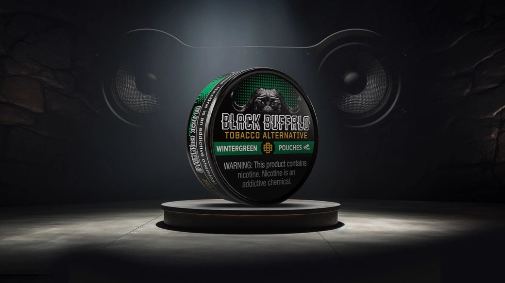 The image features a prominently displayed can of Black Buffalo Wintergreen tobacco alternative on a circular platform with a dramatic backdrop. The setting is illuminated, emphasizing the product's branding.