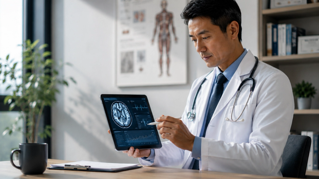 A medical professional analyzes brain scan images on a tablet in a modern office environment. The doctor is wearing a white coat and is engaged in a detailed examination of the data displayed.