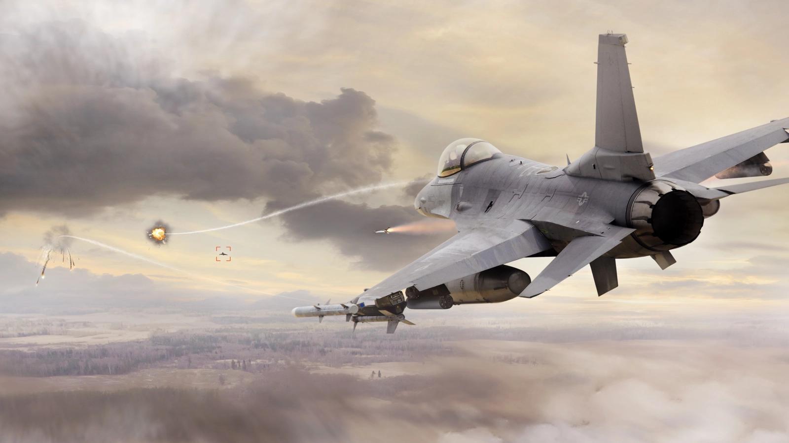 A fighter jet, specifically an F-16, is seen in mid-air, engaging in combat with missiles being launched and explosions in the background. The scene depicts a dramatic aerial confrontation set against a cloudy sky.