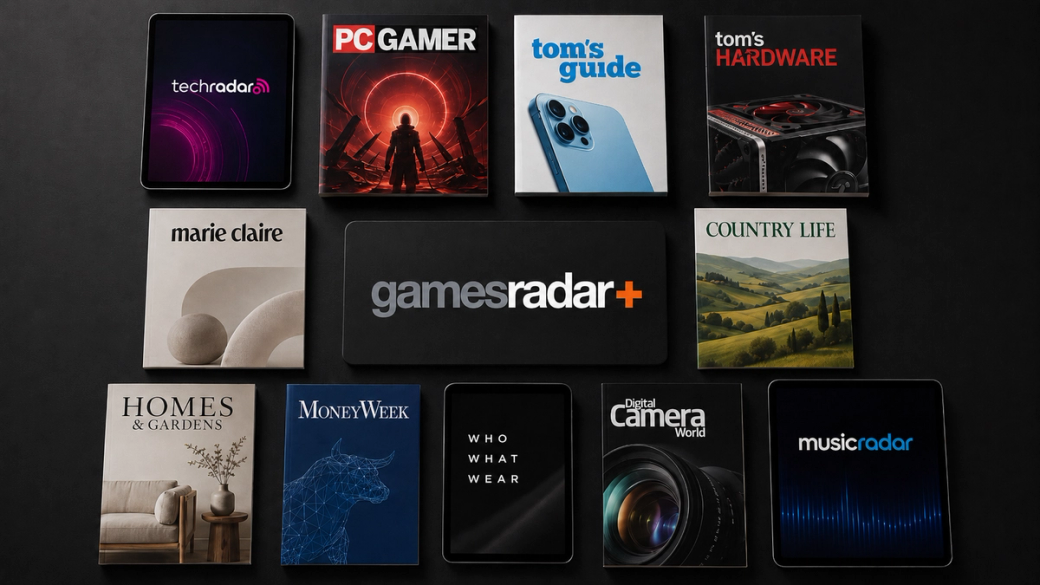 The image features a collection of magazine covers displayed in a grid layout, showcasing various technology and lifestyle publications. Notable titles include 'PC Gamer', 'tom's Hardware', and 'GamesRadar+'.