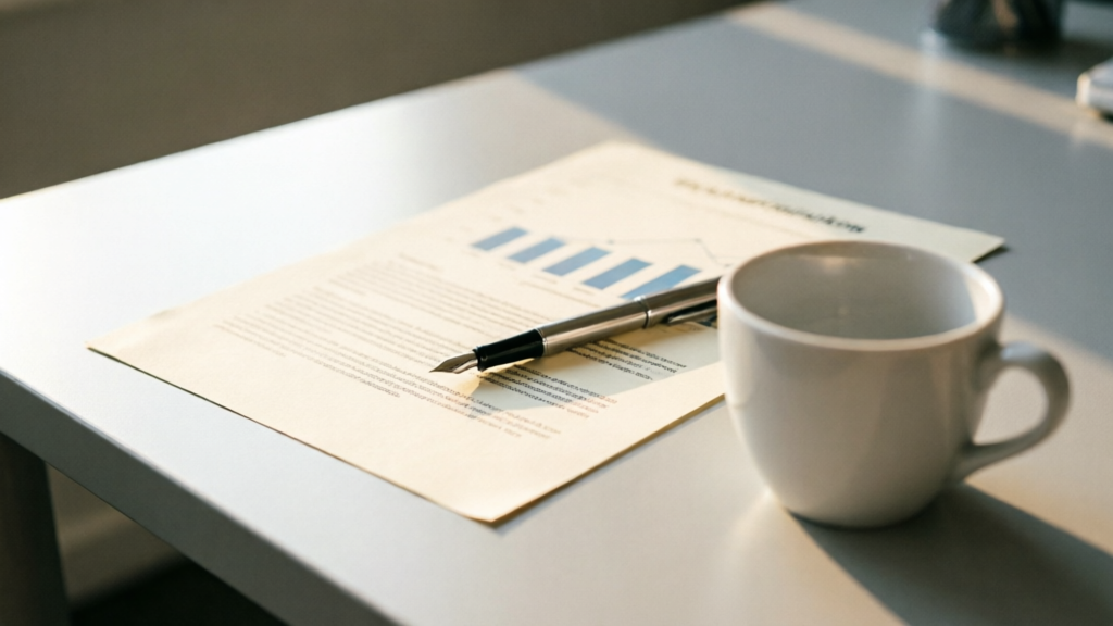The image shows a desk with a document displaying a bar chart and an accompanying text. A coffee cup sits adjacent to the document, suggesting a professional setting focused on analysis or reporting.
