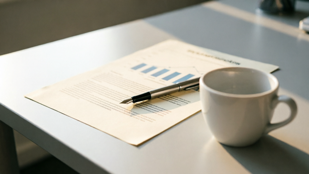 The image shows a desk with a document displaying a bar chart and an accompanying text. A coffee cup sits adjacent to the document, suggesting a professional setting focused on analysis or reporting.