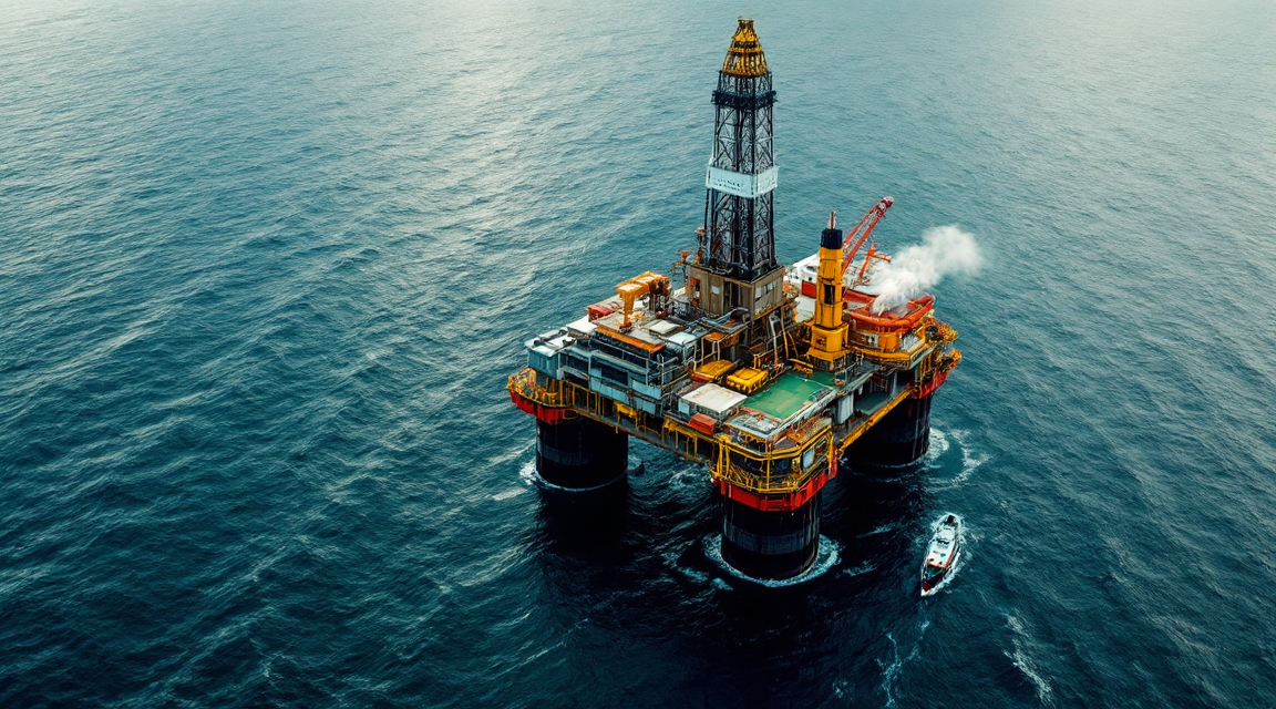 The image captures a semi-submersible drilling platform situated in the deep waters of the Atlantic Ocean. The platform's industrial structure features a towering derrick and a series of pipe racks, rising prominently above the deck supported by pontoons, surrounded by dark, turbulent waves under a slate-grey sky.
