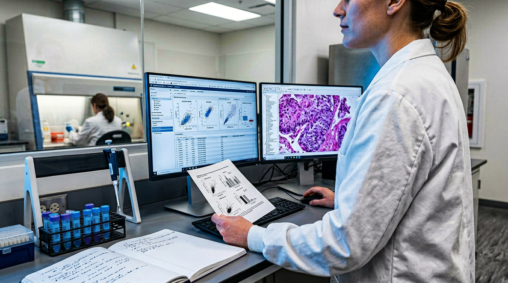 The image captures a female researcher in a laboratory environment, engaged in oncological research at a dual-monitor workstation. She analyzes a printed figure against scientific data displayed on the screens, which include bioinformatics interfaces and a microscopy image showcasing stained tissue samples, while her workspace features organized laboratory tools like sample tubes and a notebook.