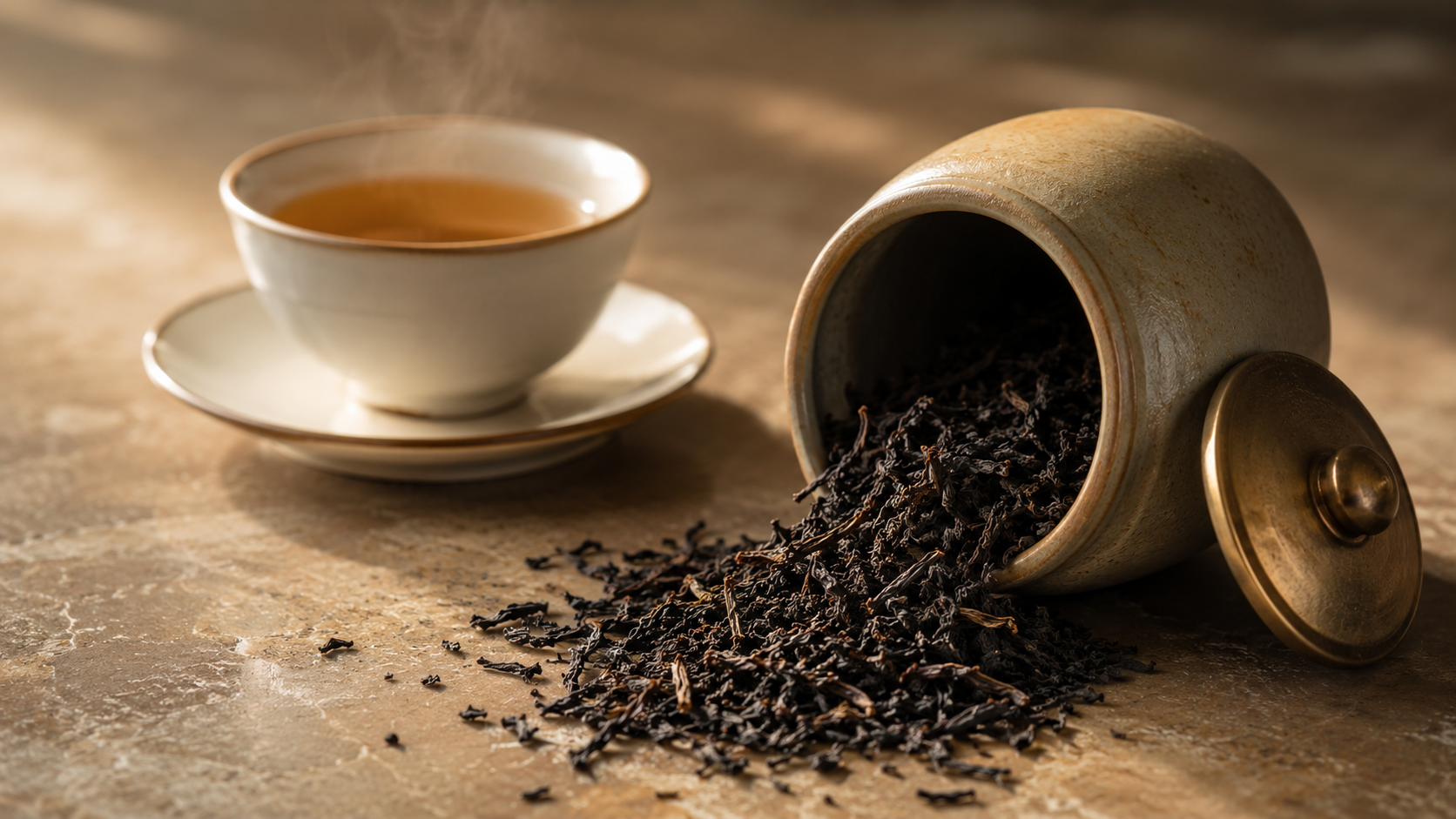 The image features a cup of tea on a saucer beside a pot from which loose black tea leaves are spilling onto a textured surface. The steam rising from the cup adds a warm and inviting atmosphere.