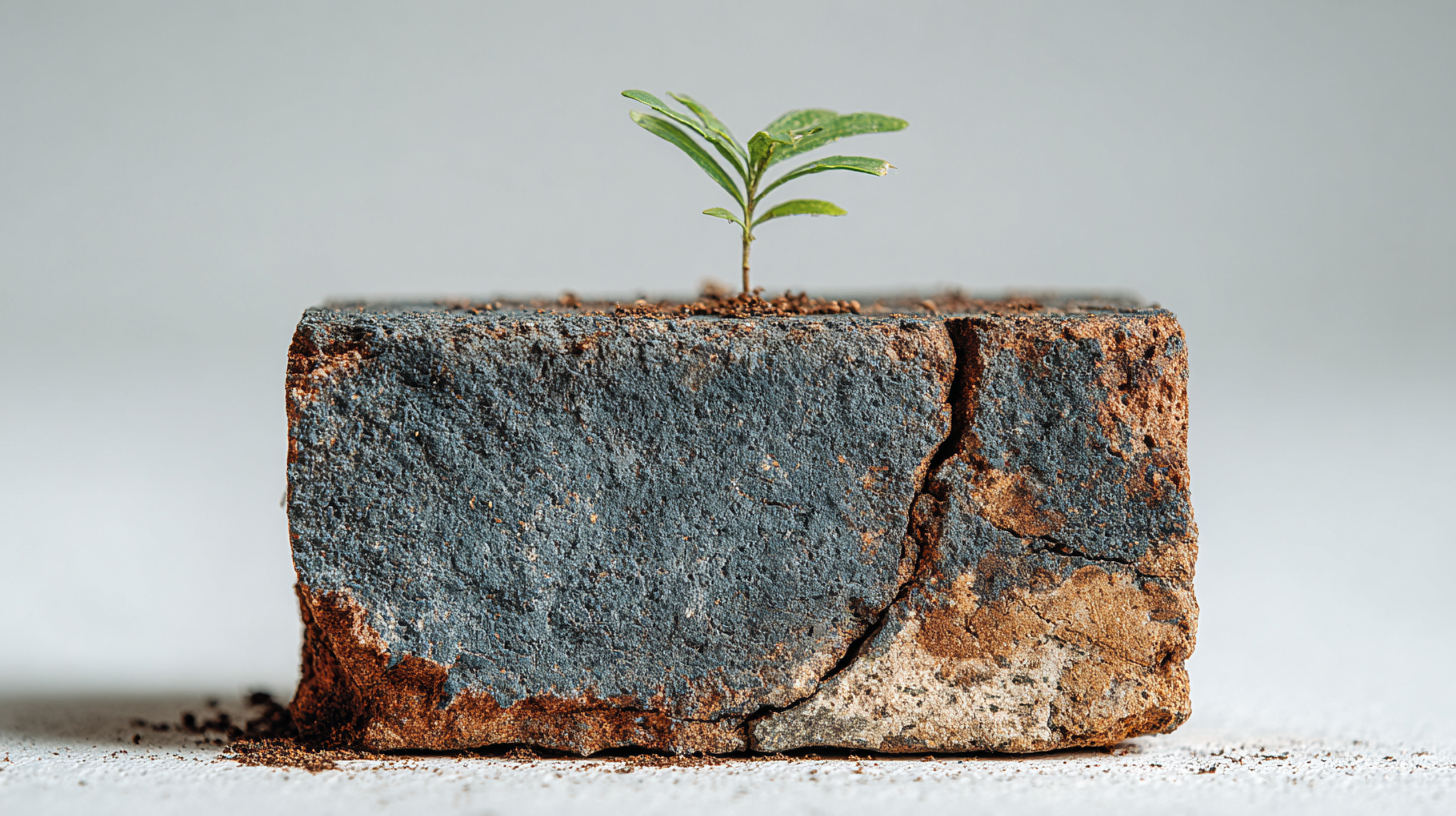 The image depicts a small green sprout emerging from a cracked, weathered brick. The contrasting elements of the natural plant and the aged brick symbolize growth and resilience.