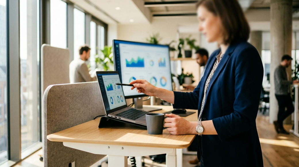 A business professional is analyzing data on a laptop at a modern office workspace. The environment features large windows with natural light, showcasing a collaborative setting with colleagues in the background.