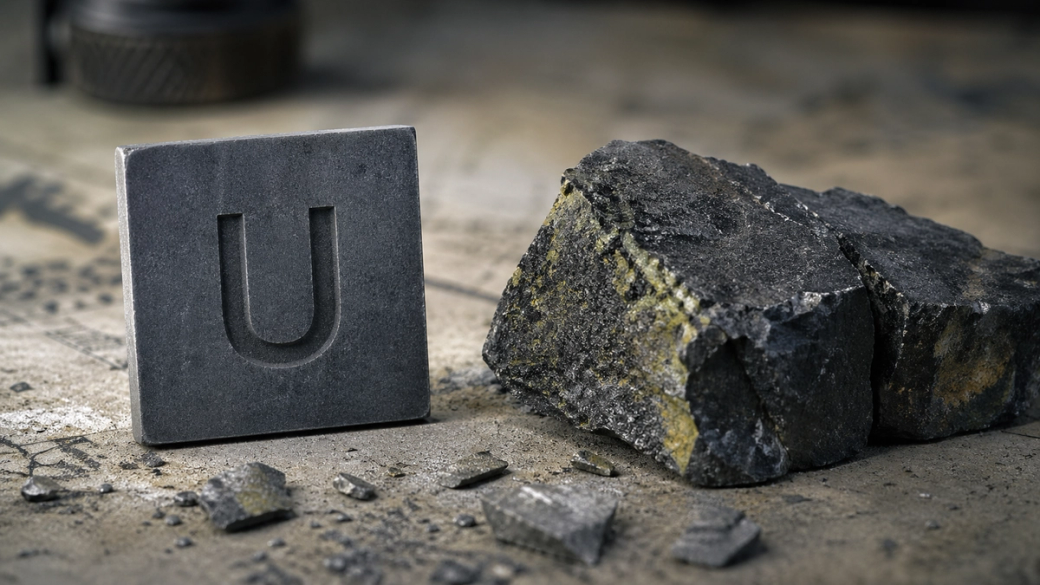 The image features a large piece of rock beside a gray square block embossed with the letter 'U', representing Uranium. The setting includes various small stone fragments scattered around, suggesting a geological or mineral context.