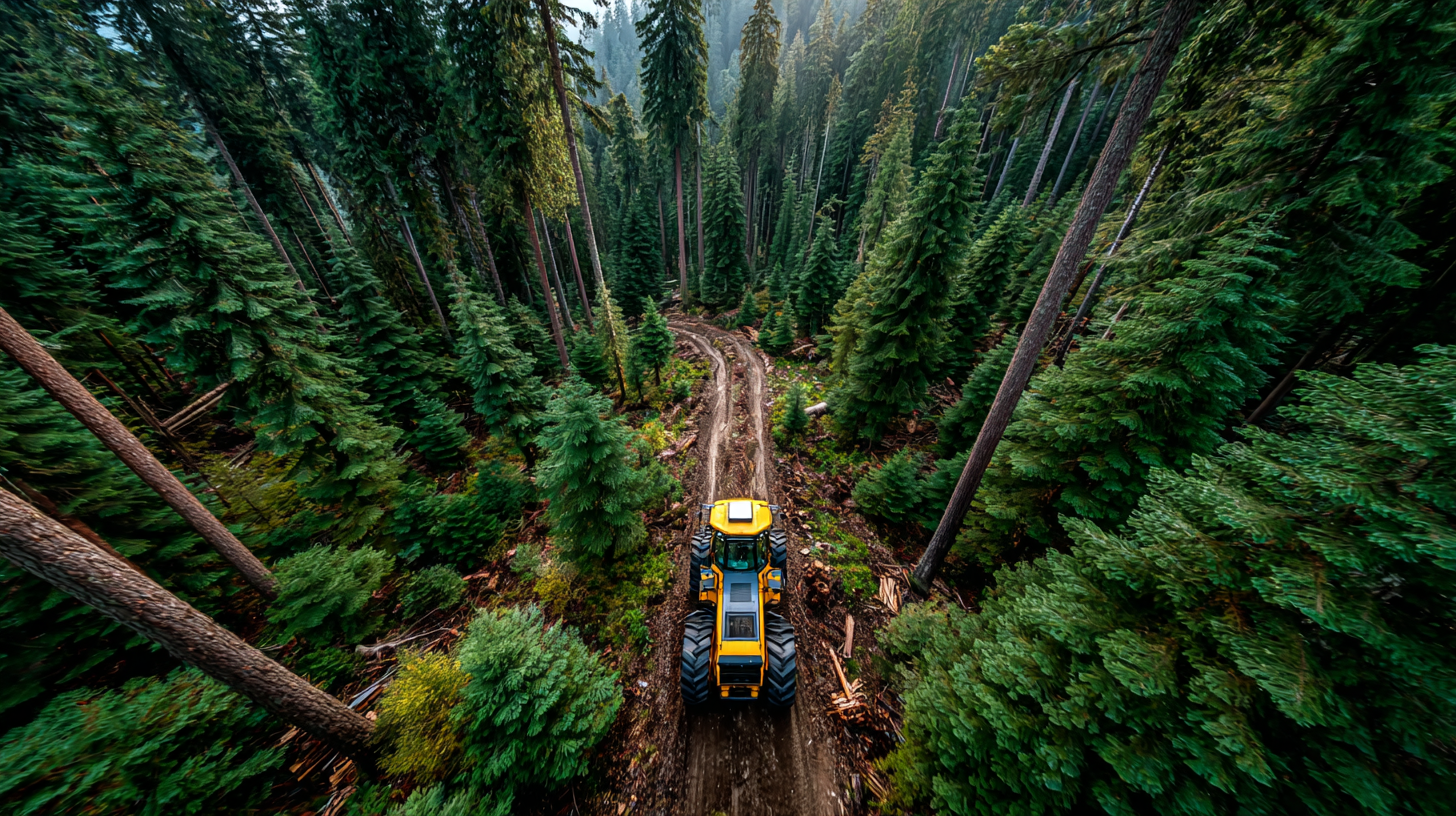 Aerial view of a heavy-duty tractor navigating a winding dirt path through a dense forest of tall green trees. The image showcases the interaction of machinery with natural landscapes in a forestry setting.