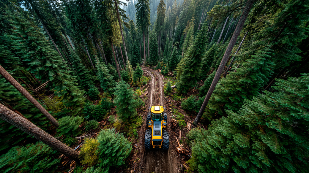Aerial view of a heavy-duty tractor navigating a winding dirt path through a dense forest of tall green trees. The image showcases the interaction of machinery with natural landscapes in a forestry setting.