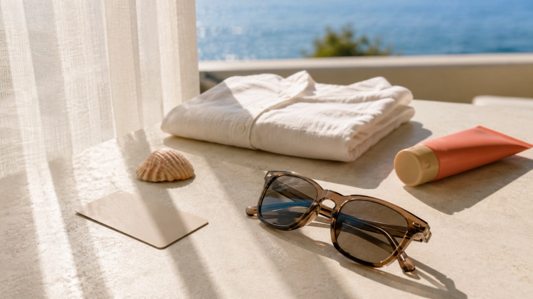The image depicts a serene outdoor setting featuring sunglasses, a folded white shirt, a tube of lotion, and a seashell on a light-colored surface. In the background, the calm blue ocean glistens under sunlight.