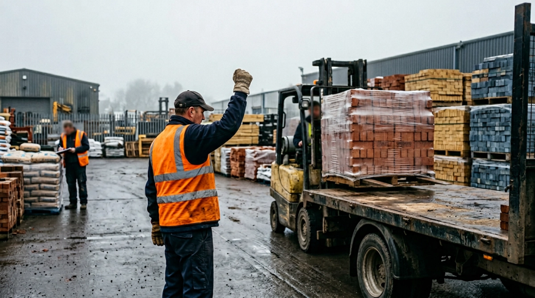 The image captures a builder's merchant yard on a grey morning, featuring a worker in a hi-vis orange vest directing a forklift as it lowers a palette of red-orange facing bricks onto a flatbed lorry. The scene is characterized by a muted atmosphere, with various stacks of bricks and cement bags creating an industrial backdrop under overcast skies.