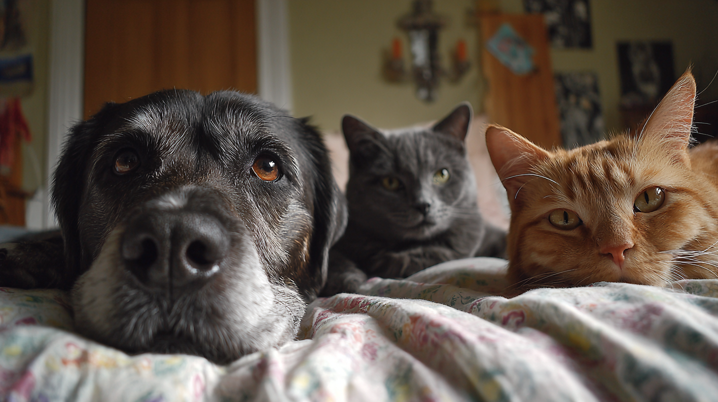 The image features a close-up view of three pets relaxing on a bed. A black dog, a gray cat, and an orange tabby cat are positioned closely together, giving an intimate feeling of companionship.