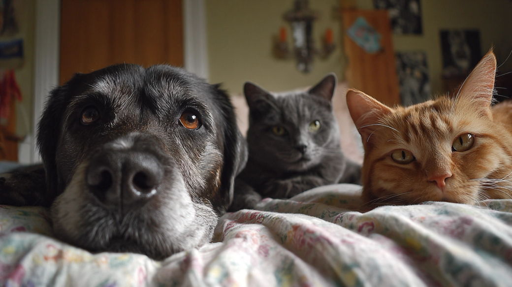 The image features a close-up view of three pets relaxing on a bed. A black dog, a gray cat, and an orange tabby cat are positioned closely together, giving an intimate feeling of companionship.