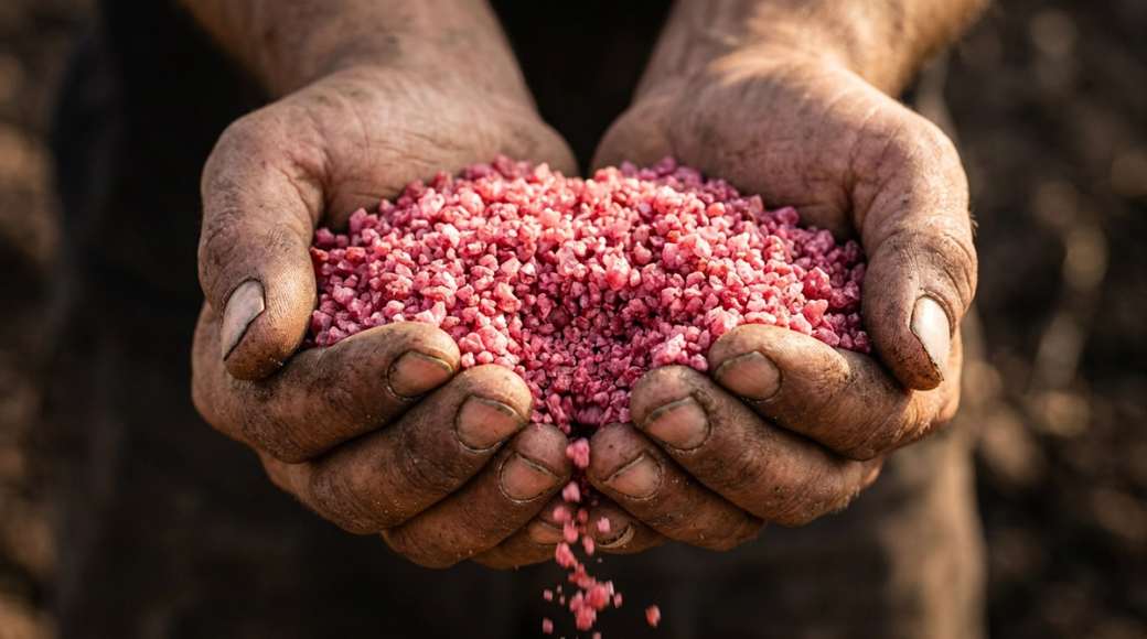 The image depicts a close-up of a pair of bare hands cradling a mound of vibrant pink-red potash granules. The hands are calloused and dusty, suggesting manual extraction from the earth, with some granules slipping between the fingers, highlighted by warm natural light.