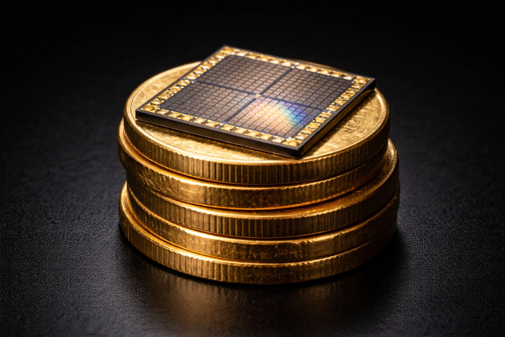 The image features a close-up of a semiconductor chip placed on a stack of gold coins. This composition visually symbolizes the intersection of technology and finance, highlighting the value of technological advancements.