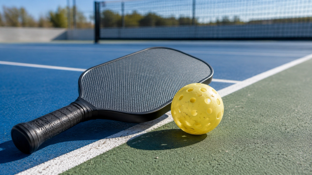 The image depicts a pickleball paddle and a yellow pickleball resting on a tennis court. The bright blue and green colors of the court provide a vibrant backdrop, suggesting an active recreational environment.