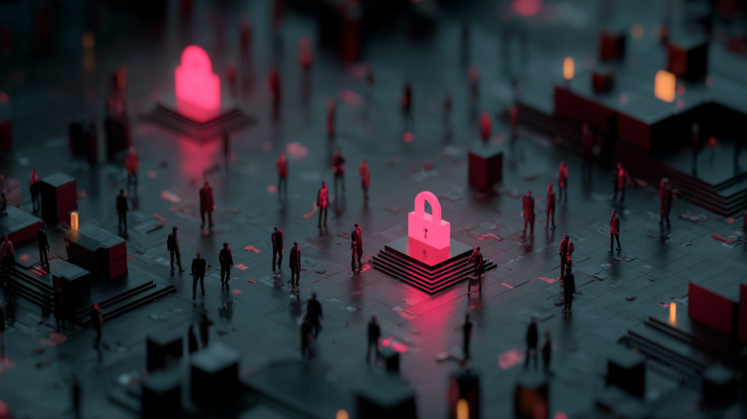 The image depicts a stylized digital landscape featuring a prominent, illuminated padlock in a central position. Surrounding the padlock, indistinct figures in a bustling scene suggest themes of cybersecurity or data protection.