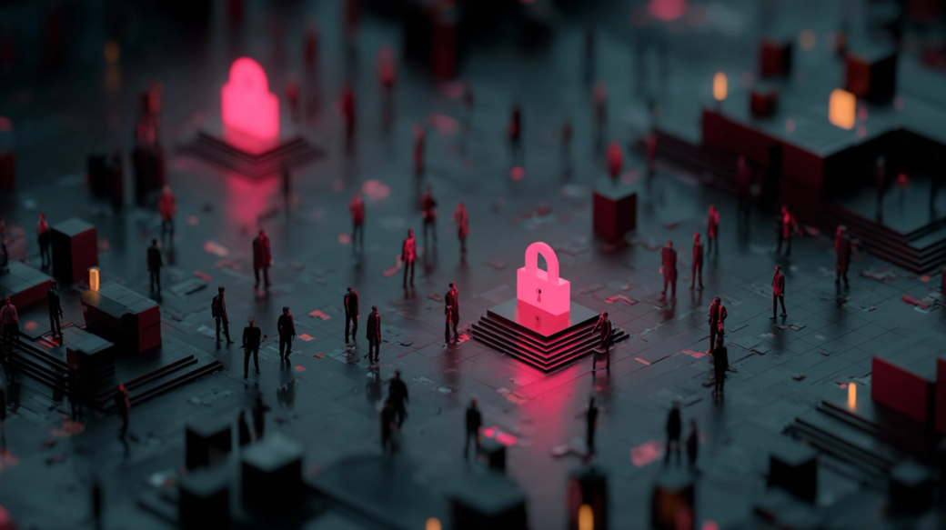 The image depicts a stylized digital landscape featuring a prominent, illuminated padlock in a central position. Surrounding the padlock, indistinct figures in a bustling scene suggest themes of cybersecurity or data protection.