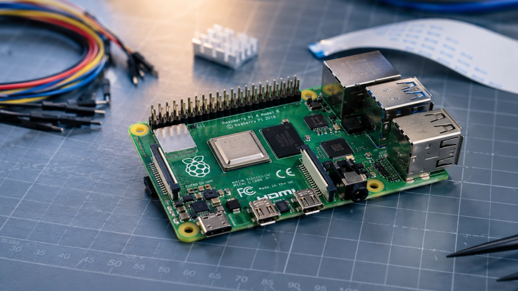 The image features a green Raspberry Pi circuit board prominently displayed on a workbench. Surrounding the board are various electronic components and wires commonly used in prototyping and development.