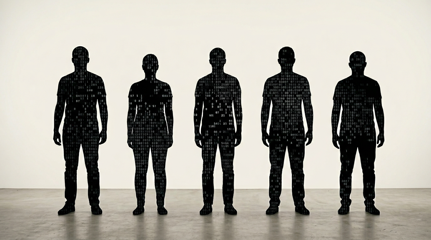 The image features a lineup of five anonymous human silhouettes standing side by side against a pale off-white backdrop. Each figure is filled with a texture composed of alphanumeric characters in varying densities, creating an abstract representation of identity reduced to data, with no identifiable features or emotions demonstrated.