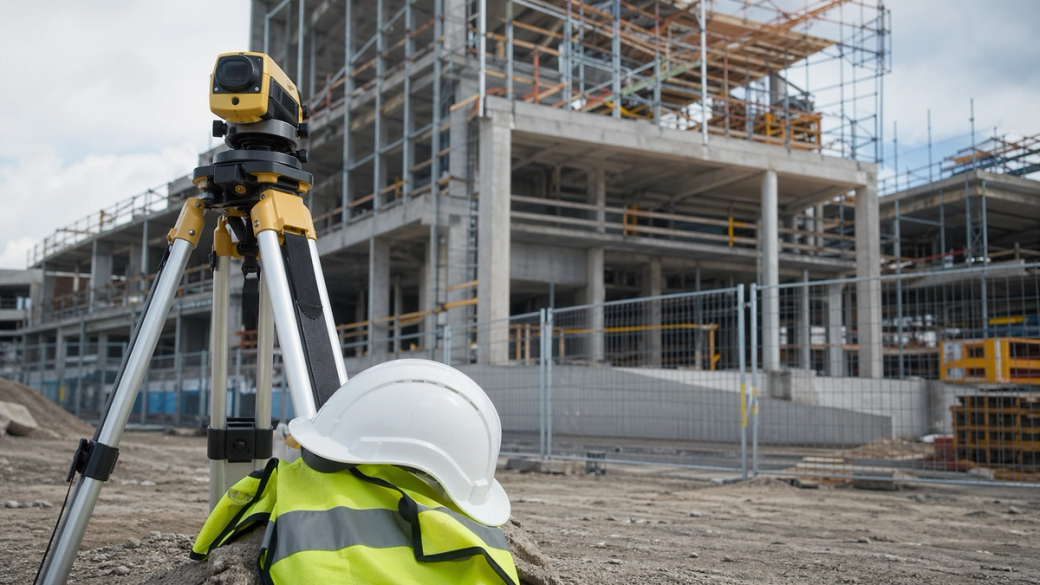 The image depicts construction equipment and safety gear at a building site. A surveying instrument is prominently positioned in front of a partially constructed building, with scaffolding and construction materials visible in the background.
