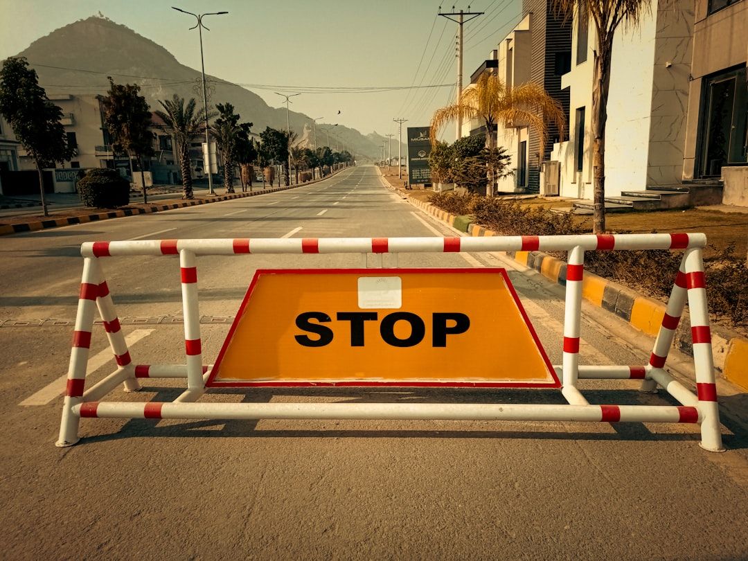 The image shows a roadblock with a prominent 'STOP' sign in the foreground. The road appears deserted and lined with palm trees, set against a backdrop of a mountainside.