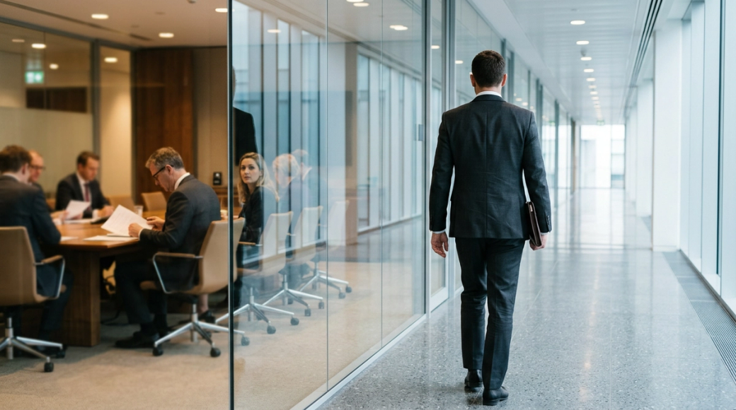 The image depicts a man in a dark suit walking away down a long, bright corporate corridor, viewed from behind. He carries a leather document wallet in one hand while the boardroom in the background is populated with directors seated around a table, engaged in discussion, their features softly blurred due to a shallow depth of field.