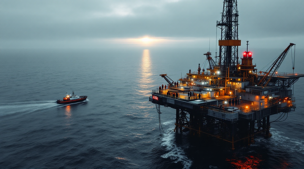 The image captures a fixed production platform featuring a drilling derrick and an array of lights glowing against a dawn sky. A mixed crew works diligently on the helideck, while a standby rescue vessel navigates the grey sea, contributing to a scene that blends industrial activity with natural beauty amidst fog.