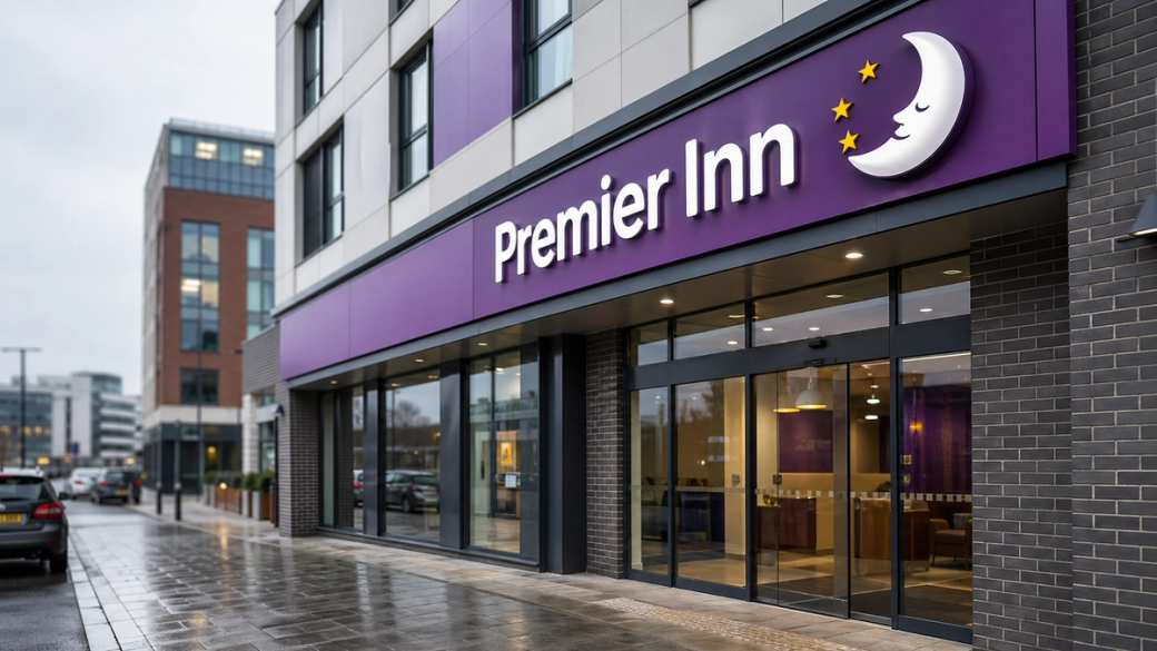 The image shows the exterior of a Premier Inn hotel, featuring a purple sign with the company's logo. The weather appears overcast, with wet pavement reflecting the building's modern architecture.