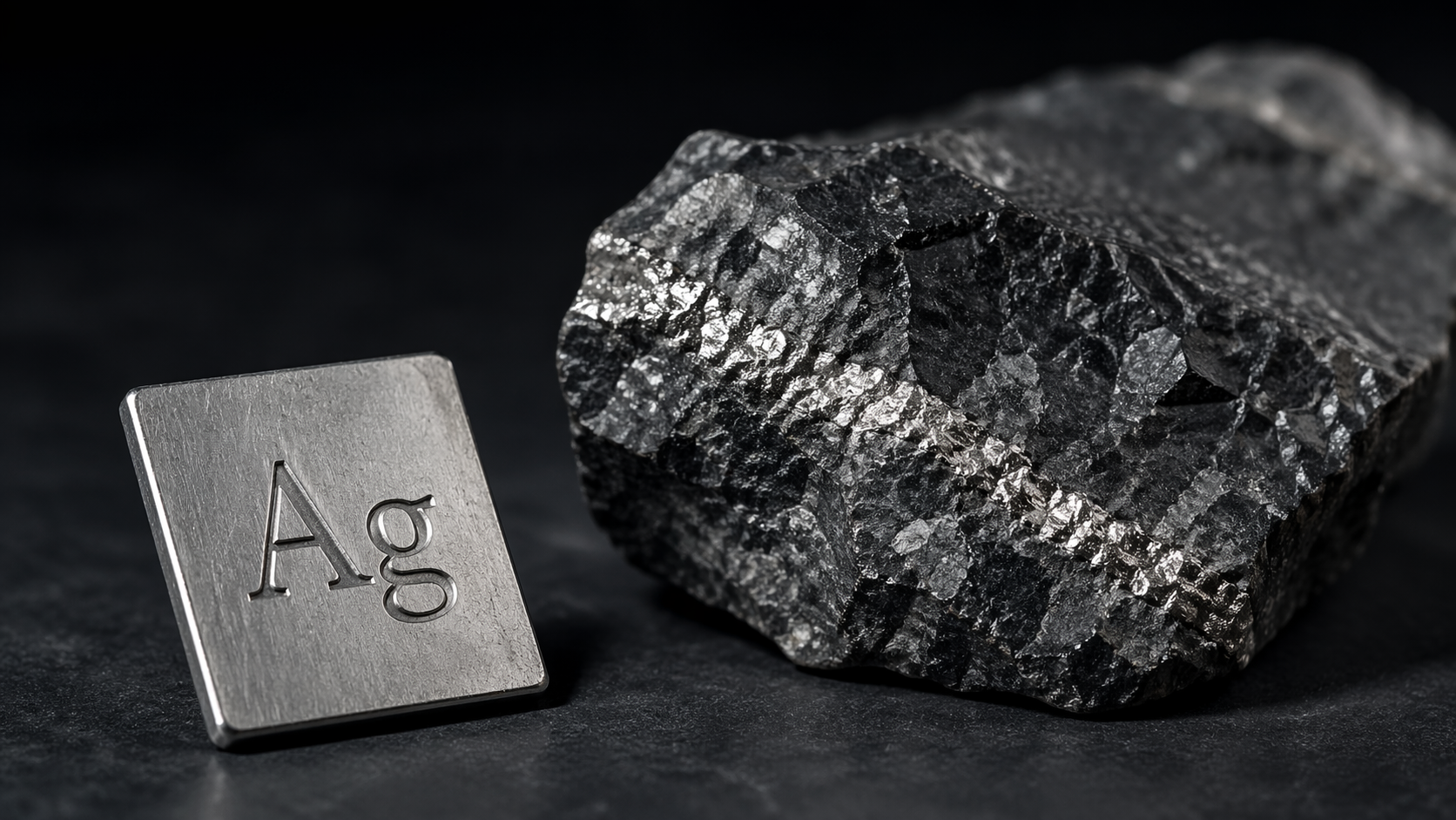 The image features a metallic block with the chemical symbol 'Ag' for silver, placed next to a rough, dark mineral rock. The contrasting textures highlight the raw material and its refined form.